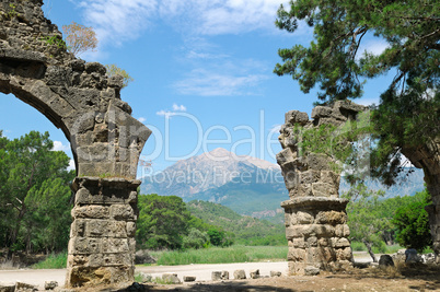 ruins of the ancient city of Phaselis and Olympus mountain