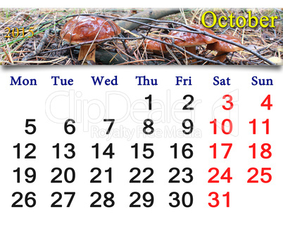 calendar for October of 2015 with mushroom Boletus badius