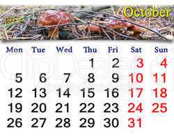 calendar for October of 2015 with mushroom Boletus badius