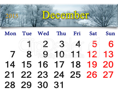 calendar for the December of 2015 with frozen river