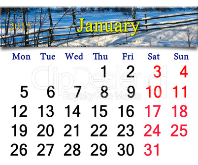 calendar for the January of 2015 with snowy village