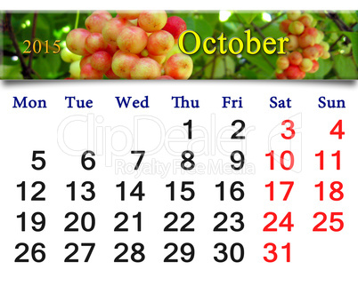 calendar for October of 2015 with branch of red ripe schisandra