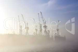 silhouette of cranes in fog