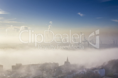 Aerial of Port in dense Fog