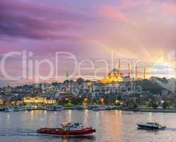 Golden Horn river at sunset with Mosque view, Istanbul - Turkey