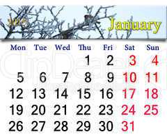 calendar for the January of 2015 with winter sparrows
