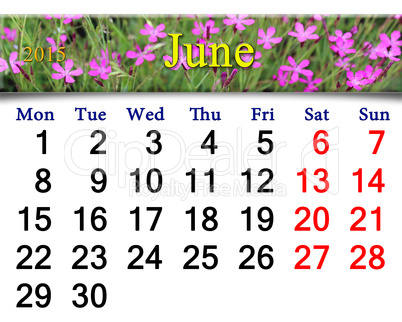 calendar for July of 2015 year with wild carnation