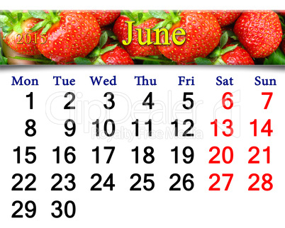 calendar for the June of 2015 year with strawberry