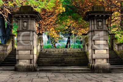 Elegant sandstone staircase entrance to park