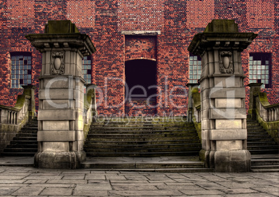 Grand sandstone steps entrance to industrial warehouse