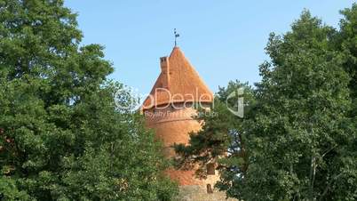 Trees covering the red brick castle in Trakai GH4 4K UHD