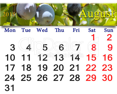 calendar for the August of 2015 year with plums