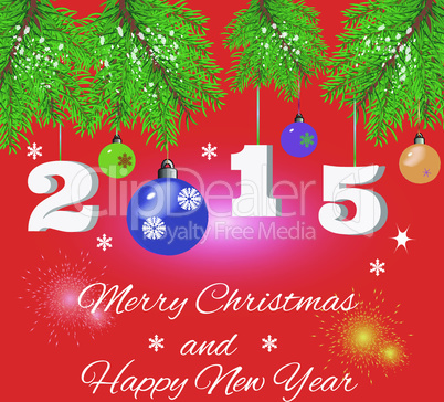 Christmas background with fir branches, balls and fireworks