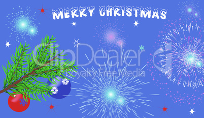 Christmas blue background with glasses, fireworks and a Christmas tree. With the greeting text