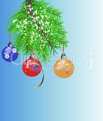 postcard Christmas fir-branch and multi-colored Christmas toys