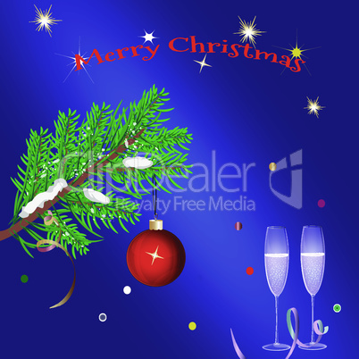 Christmas blue background with glasses, fireworks and a Christmas tree. With the greeting text
