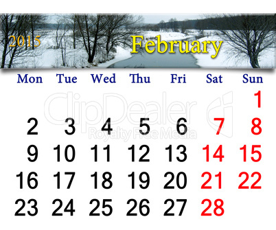 calendar for the February of 2015 with winter river