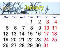 calendar for the January of 2015 with winter sparrows