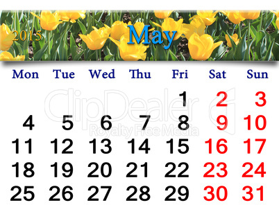 calendar for May of 2015 year with yellow tulips