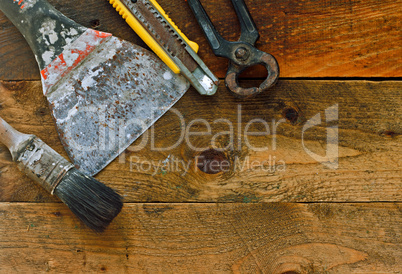 Various diy tools on old rustic work bench