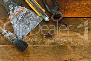 Various diy tools on old rustic work bench