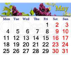 calendar for May of 2015 year with lilac