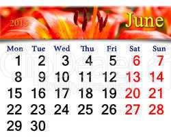 calendar for the June of 2015 on the background of red lilies
