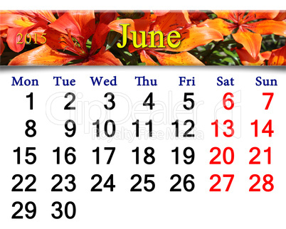 calendar for the June of 2015 on the background of red lilies