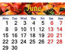 calendar for the June of 2015 on the background of red lilies