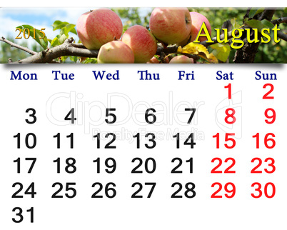 calendar for the August of 2015 year with apples