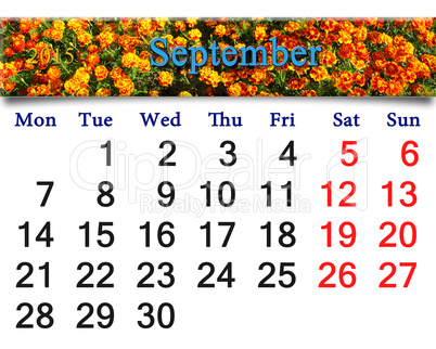 calendar for September of 2015 with tagetes