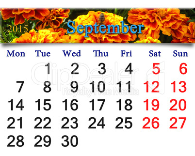 calendar for September of 2015 with tagetes