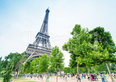 The Eiffel Tower and its magnificent gardens in summertime