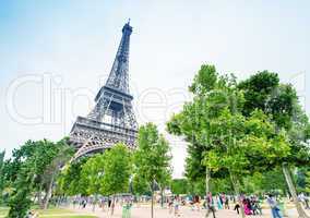 The Eiffel Tower and its magnificent gardens in summertime