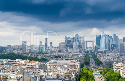 Business district of Paris. La Defense, aerial view on a cloudy