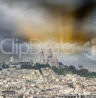 Stunning sunset aerial view of Sacred Heart Cathedral in Paris.