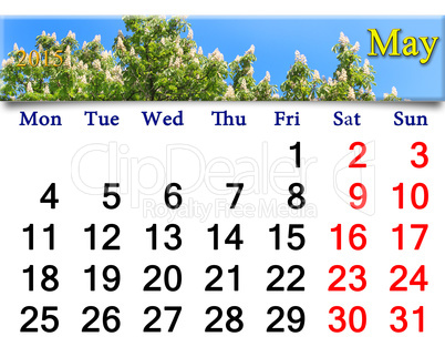 calendar for May of 2015 year with image of blossoming chestnut