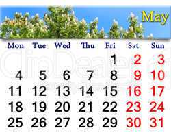 calendar for May of 2015 year with image of blossoming chestnut