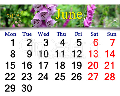 calendar for June of 2015 year with lilac bluebells