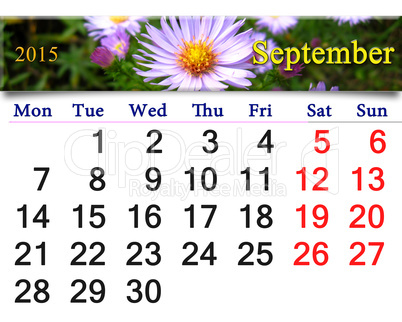 calendar for July of 2015 year with flower of aster