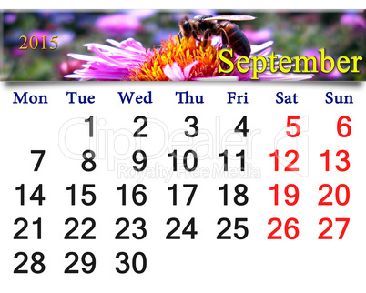 calendar for September of 2015 year with bee on the flower