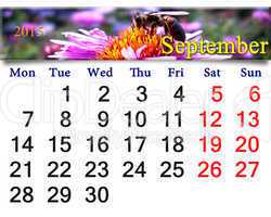 calendar for September of 2015 year with bee on the flower