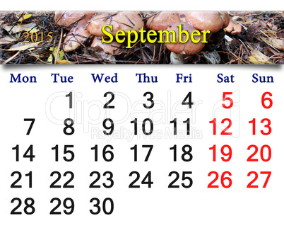 calendar for September of 2015 with mushrooms