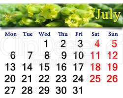 calendar for the July of 2015 with flowers of tobacco-plant