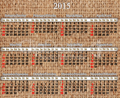 calendar for 2015 year on the sacking
