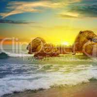 sea landscape with rocky island and the sunrise