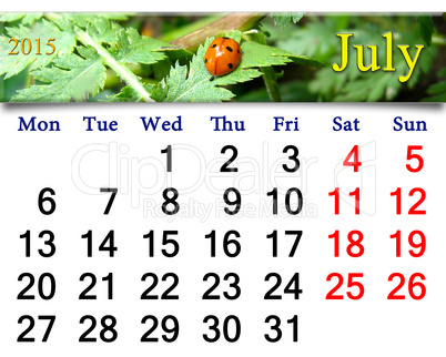 calendar for the July of 2015 with ladybird on the leaf