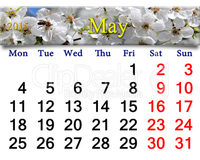 calendar for May of 2015 year with blooming cherry