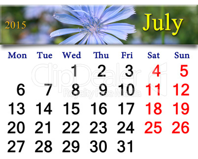 calendar for the July of 2015 with flowers of Cichorium