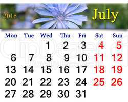 calendar for the July of 2015 with flowers of Cichorium